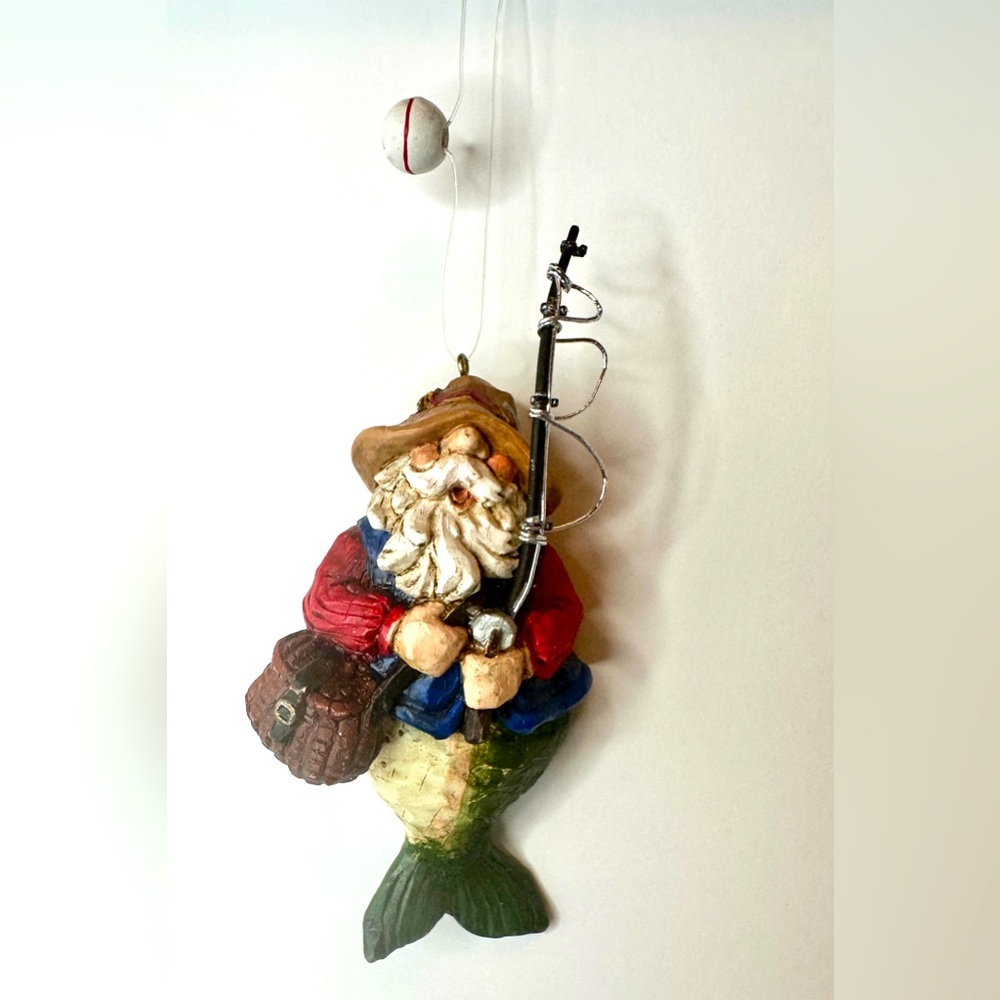 Colorful and Detailed Resin Fishing Santa Ornament with rod and reel